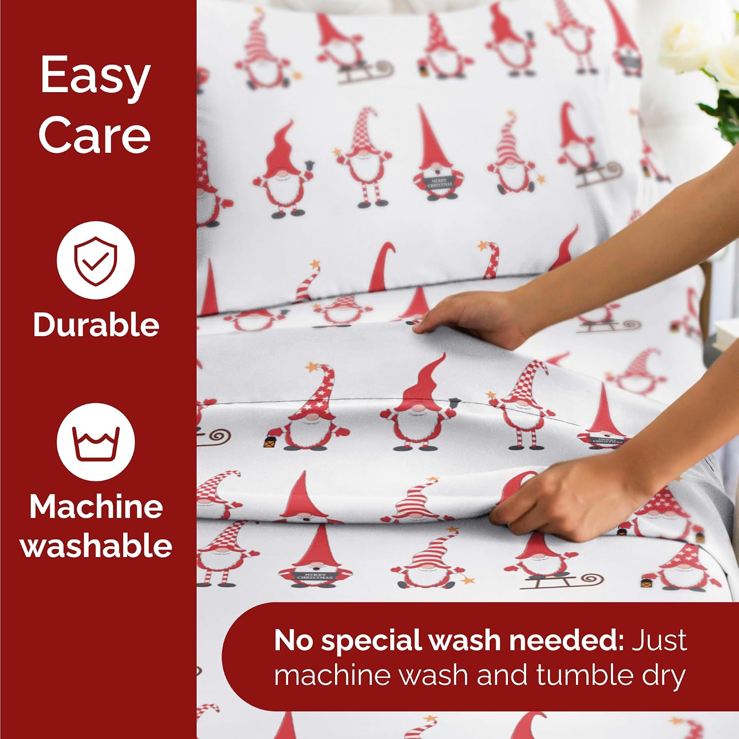 Detalle 2 de CGK Unlimited Holiday Gnomes Red Full Sheet Set, Brushed Microfibre