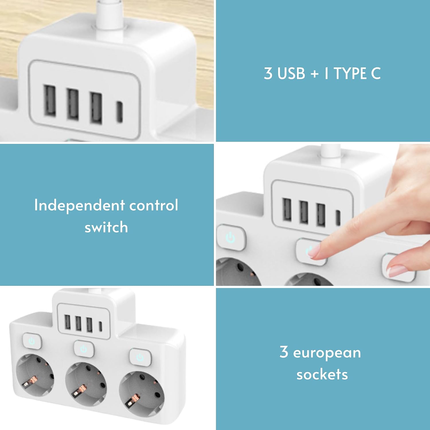 Detalle de MAGIC SELECT grenuttag med 3 uttag, individuella brytare och USB-C