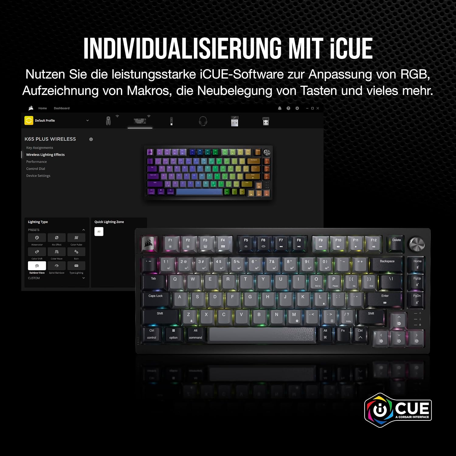 Thumbnail 6 de Corsair K65 Plus Wireless 75% RGB Mechanische Tastatur (QWERTZ DE) mit MLX Red, Hot-Swap, PBT-Kappen