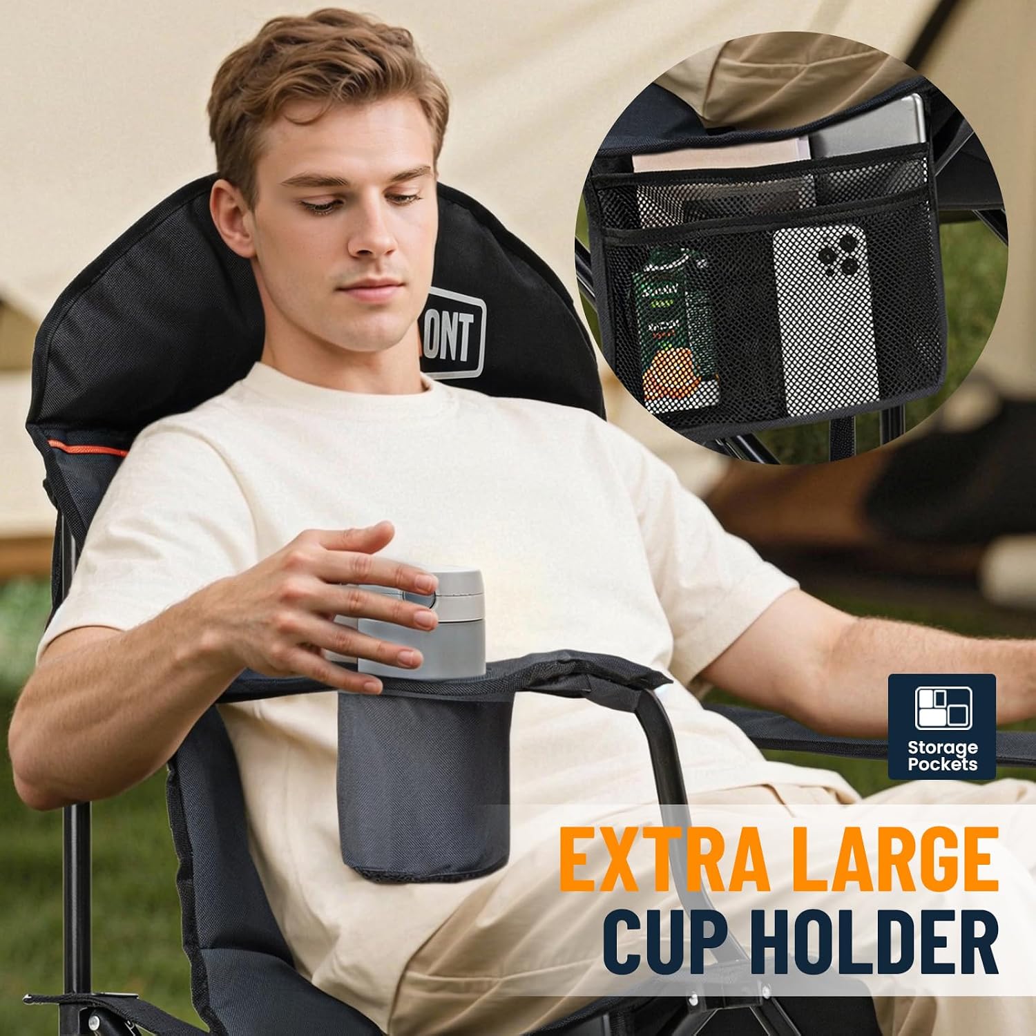 Thumbnail 6 de Overmont Sedia Pieghevole da Campeggio Portatile con Poggiatesta e Porta Bicchiere – supporta fino a 150 kg