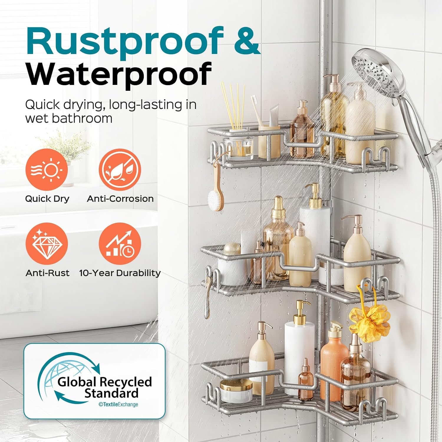 Thumbnail 1 de HAMITOR Corner Shower Caddy Tension Pole, 4-Tier L-Shaped Shelves