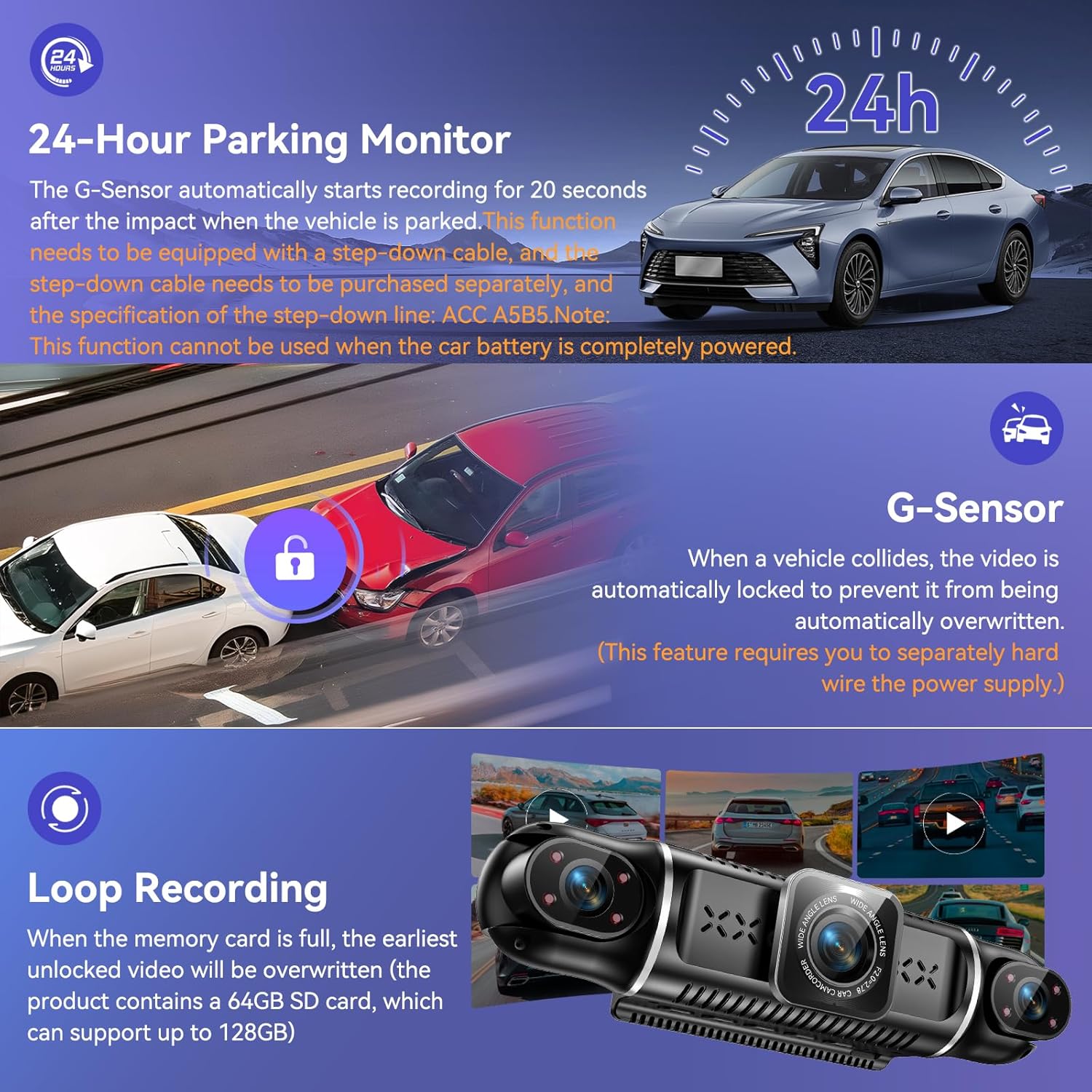 Detalle de 4K Dashcam Auto vorne hinten – 4-Kanal-Überwachung mit WLAN, G-Sensor & Parkmodus