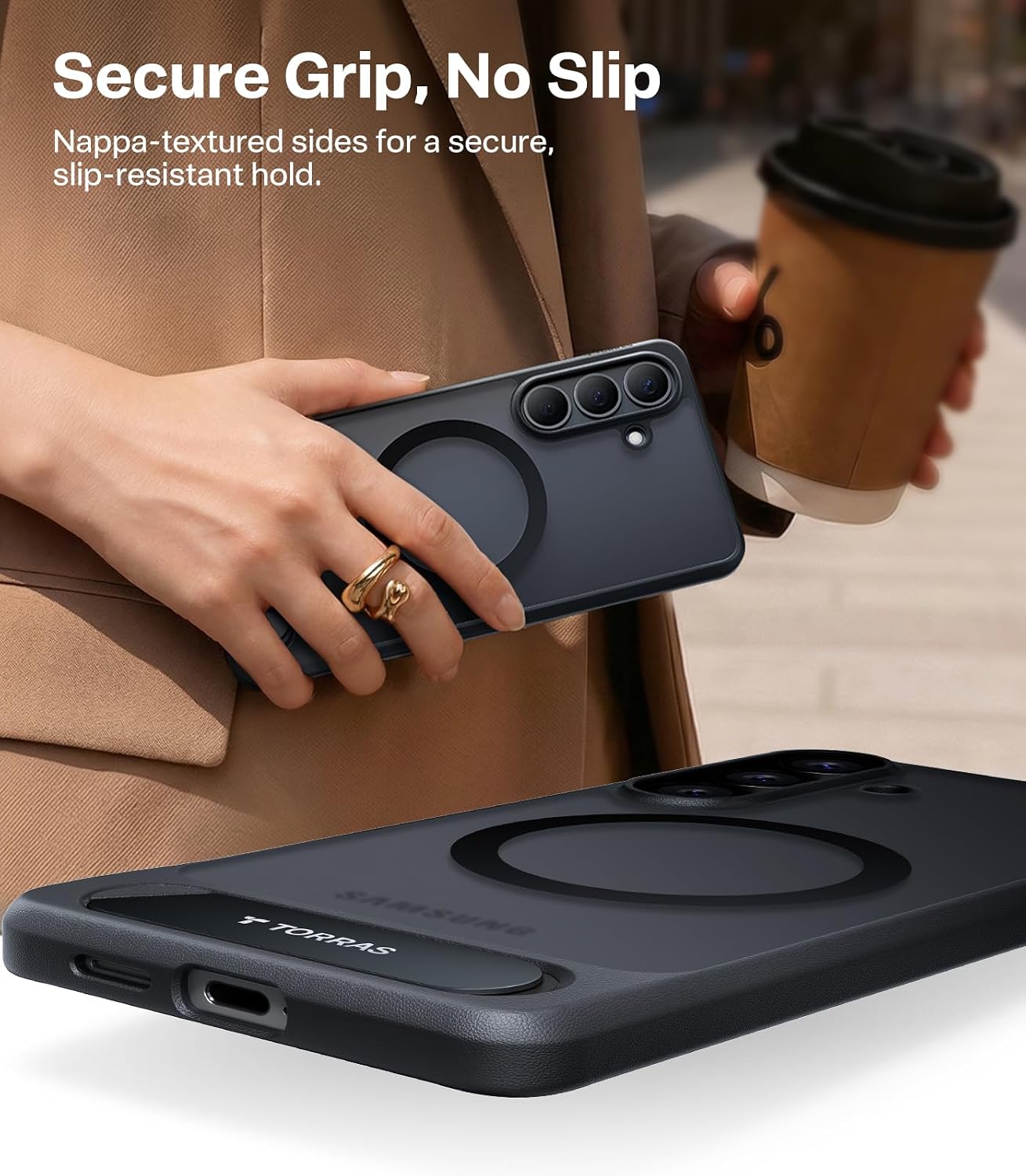 Detalle de TORRAS Ostand L1 Case for Samsung Galaxy S26 – Durable Titanium Stand, MagSafe Magnetic Ring & 360° Protection
