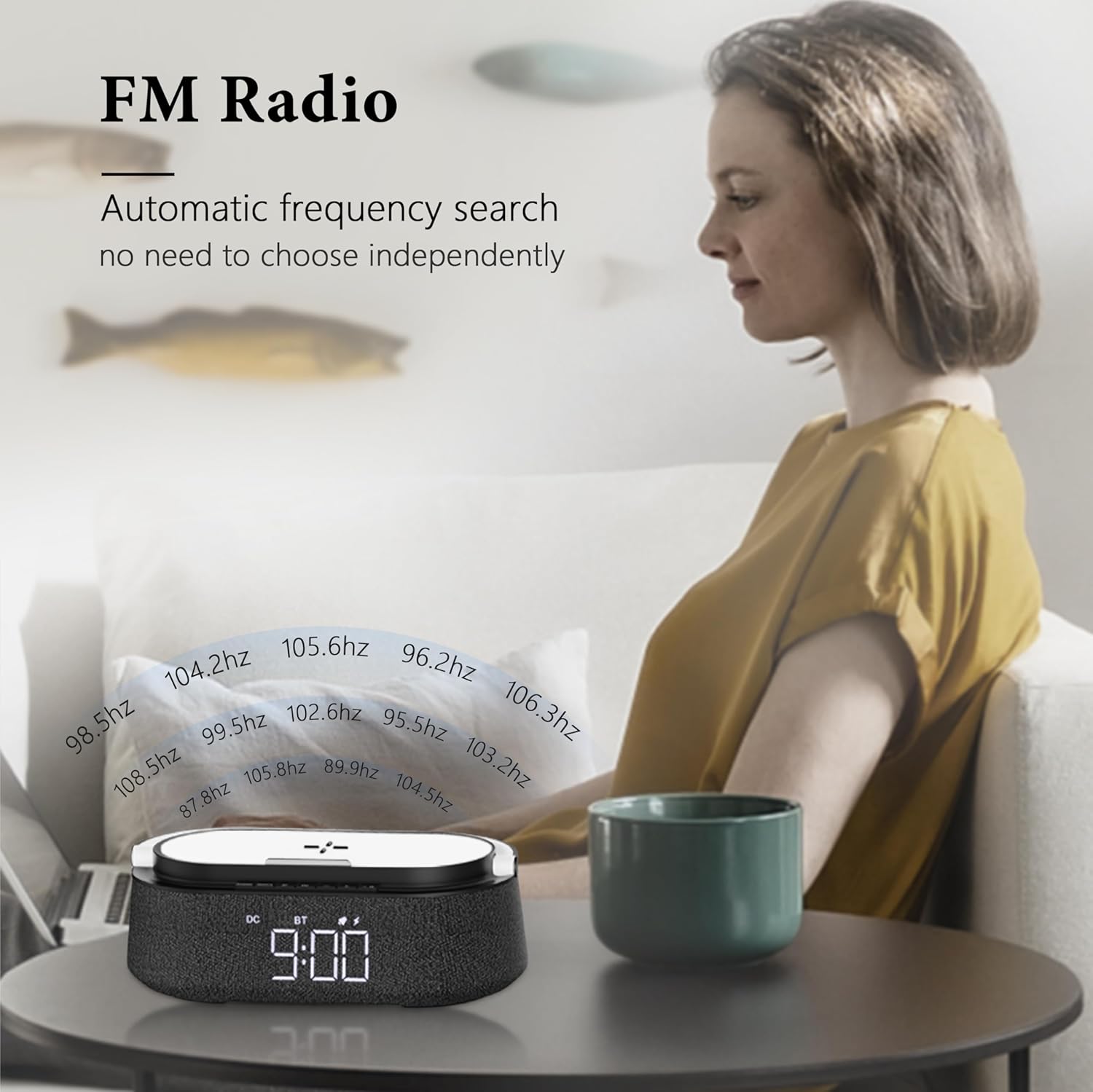 Detalle de FREEFISH Bluetooth Speaker with Wireless Charger – 15W Quick Charge, FM Radio, Dual Speakers & Adjustable LED Night Light