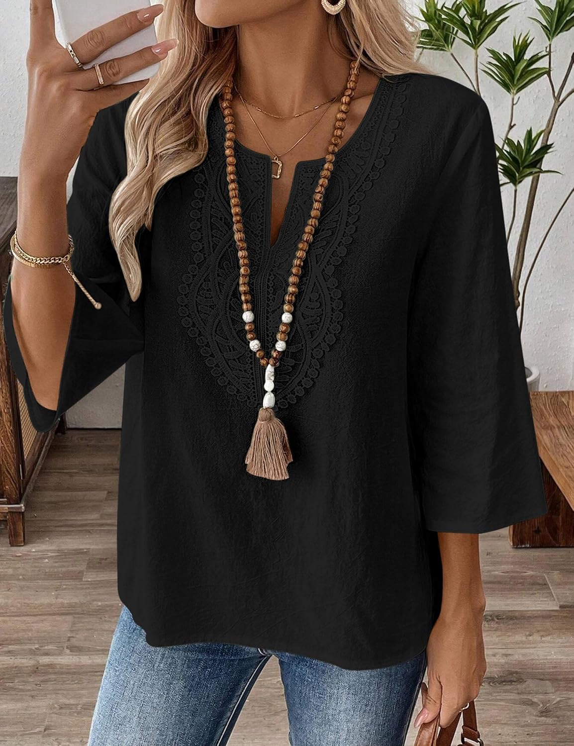 Thumbnail 6 de Rapbin Damen Bluse 3/4 Ärmel V-Ausschnitt mit Spitze – Lockeres Baumwoll-Lino Top, Tunika