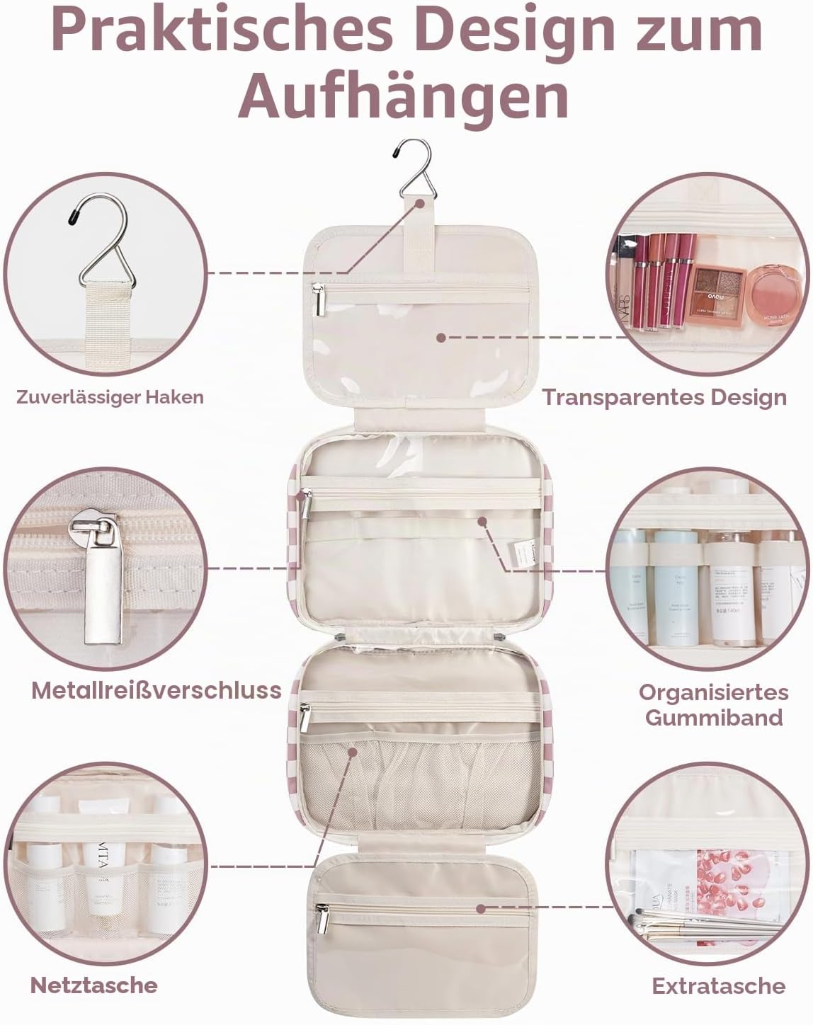 Thumbnail 3 de Narwey Kariert Kulturtasche Damen: Großes, aufhängbares Kosmetik-Organiser mit Haken