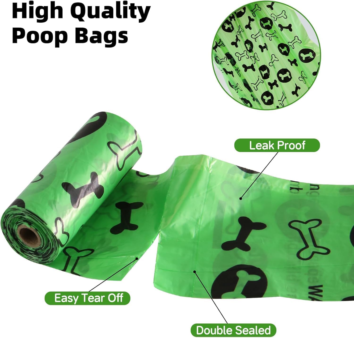 Detalle de OIRLVCE Dog Poo Bags (540 counts / 36 rolls) extra thick, leak-proof dispenser-ready green bags