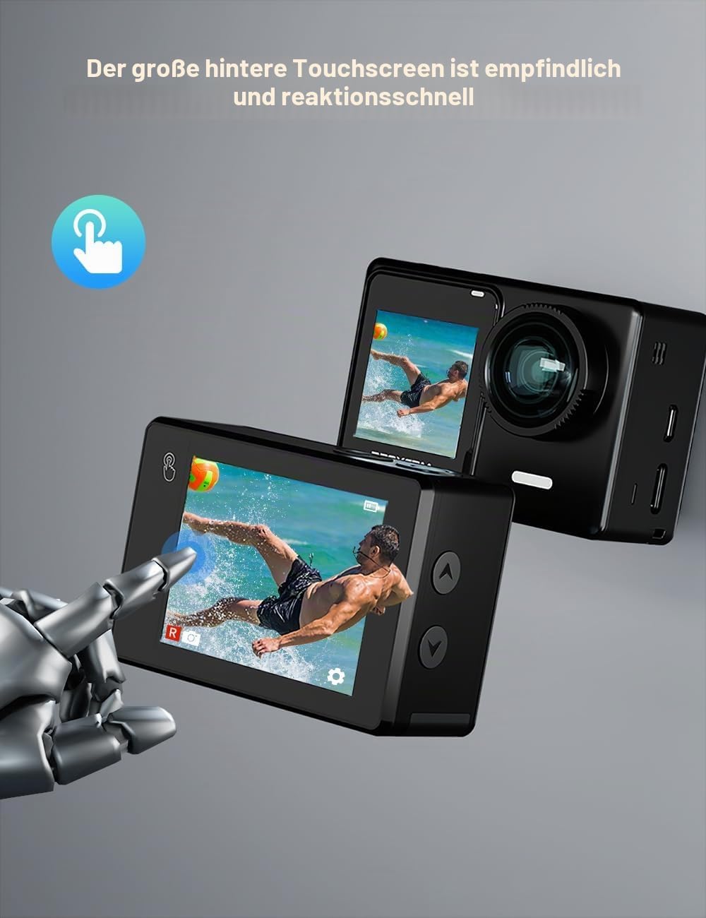 Detalle de Apexcam 4K 30FPS Action Cam Dualscreen mit 40 m Unterwasser, EIS, WiFi Fernbedienung und 2×1350 mAh Akku – Komplettset