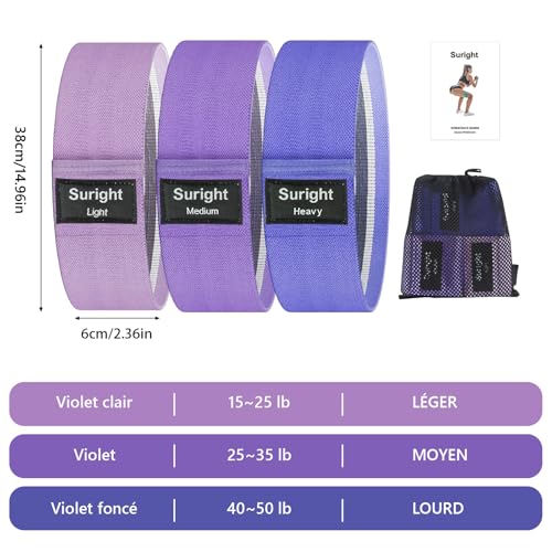 Thumbnail 1 de Suright Bande Elastique Musculation en Tissu – 3 Niveaux de Force (Lavande, Violet, Violet foncé)