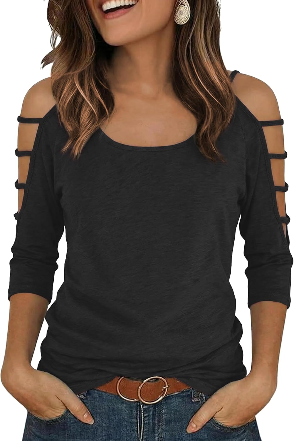 Detalle 2 de Jar of Love Women's Double Cold-Shoulder Knit Top (3/4 Sleeve)