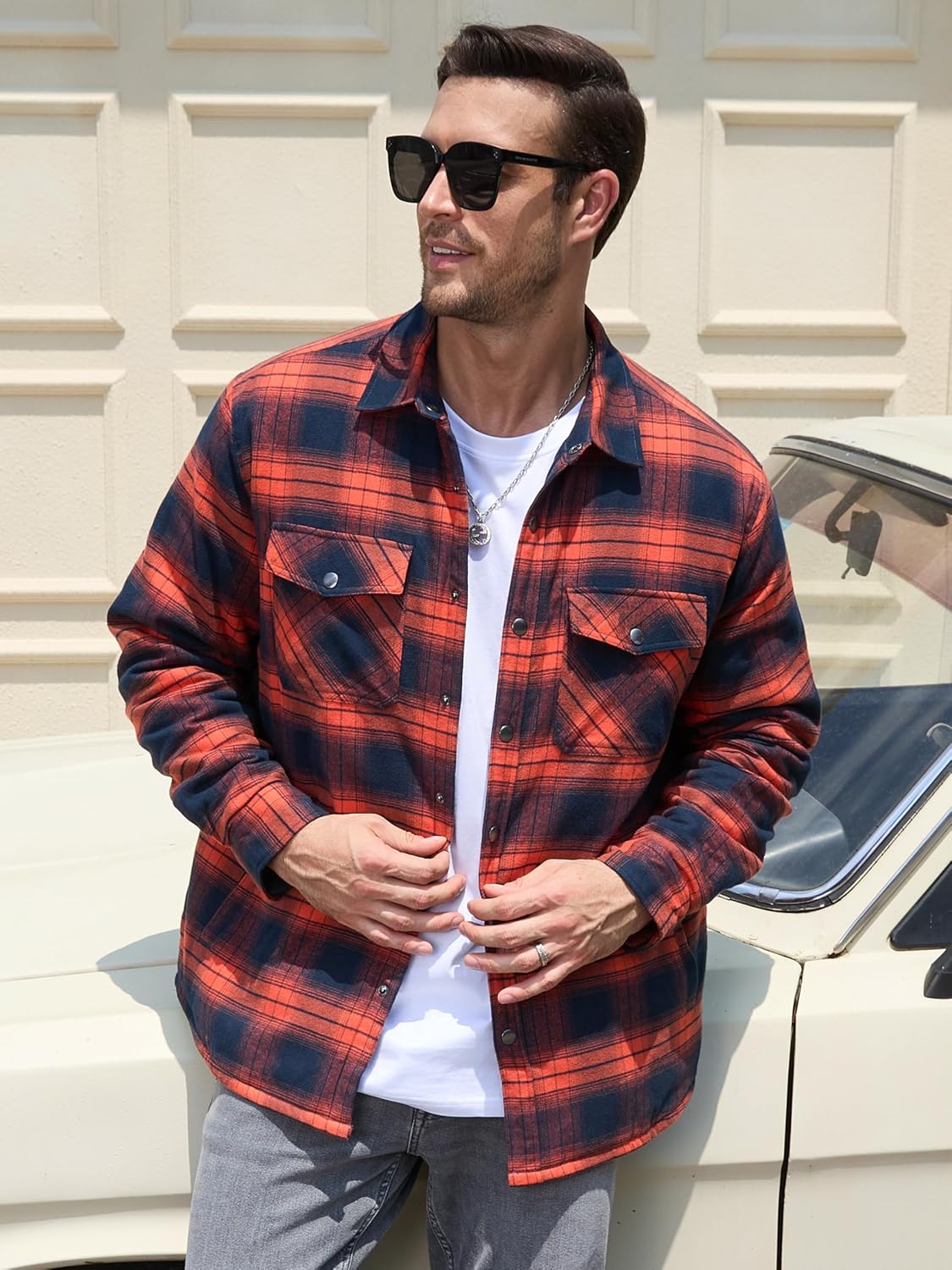 Detalle de TACVASEN Men's Quilted Flannel Jacket, Lightweight Check Button-Down