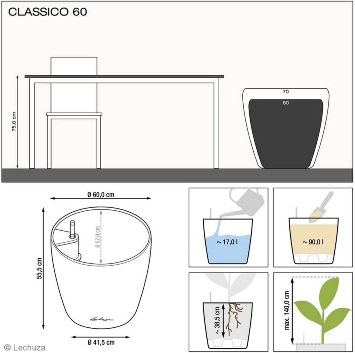Detalle de LECHUZA CLASSICO Premium 60 anthrazit metallic – Selbstbewässernder Pflanzkübel mit 12 l Topfvolumen