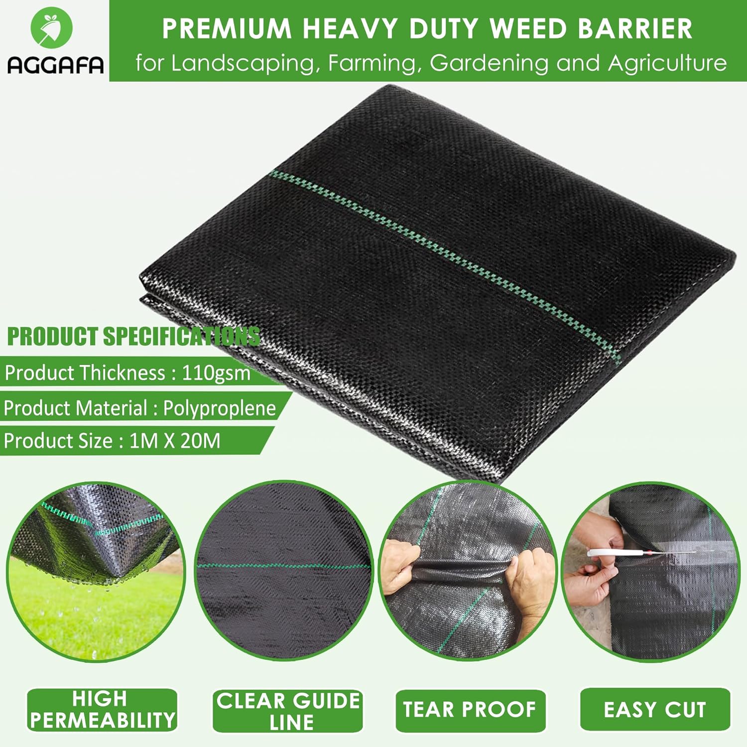 Detalle de AGGAFA 110gsm Weed Barrier Fabric (1M x 20M) – Premium 100% Virgin Material for Landscaping, Farming and Gardening