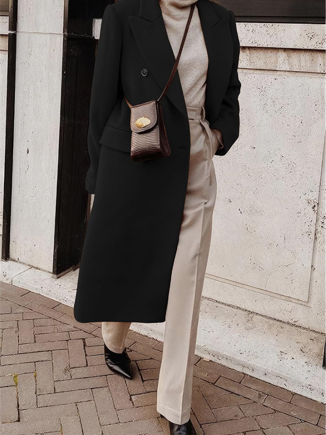 Detalle de IDEALSANXUN Women's Long Wool-Blend Coat, Double-Breasted Below-Knee Peacoat