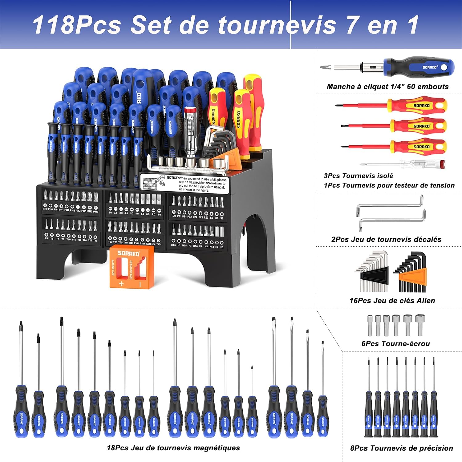 Thumbnail 5 de SORAKO Jeu de tournevis professionnel 118 pièces – ensemble polyvalent isolé et testeur