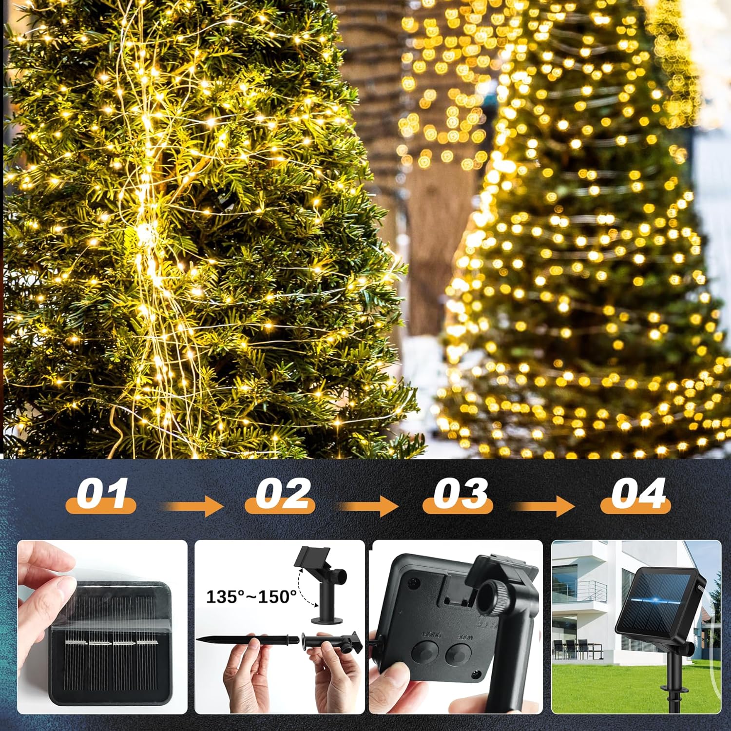 Thumbnail 4 de 120LED Solar Fairy Lights (2 Packs, 12M) with 8 Modes, IP65 Waterproof Solar Garden String Lights – Warm White