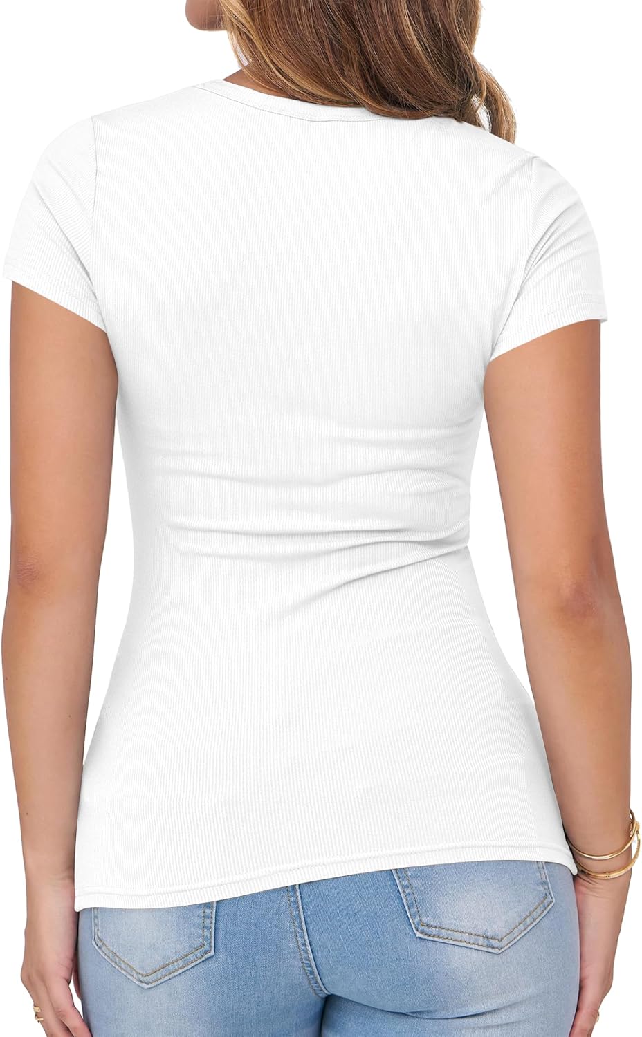 Detalle de Albe Rita Women's Ribbed Knit Cap-Sleeve V-Neck T-Shirt, Slim Fit