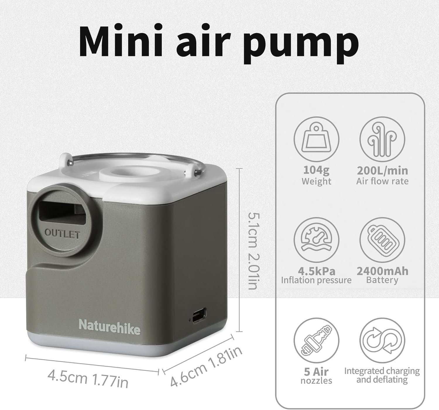 Thumbnail 3 de Naturehike Wind-Mini Pompa ad Aria USB-C Ricaricabile 1600 mAh – Portatile Elettrica per Campeggio con Luce e 6 Ugelli