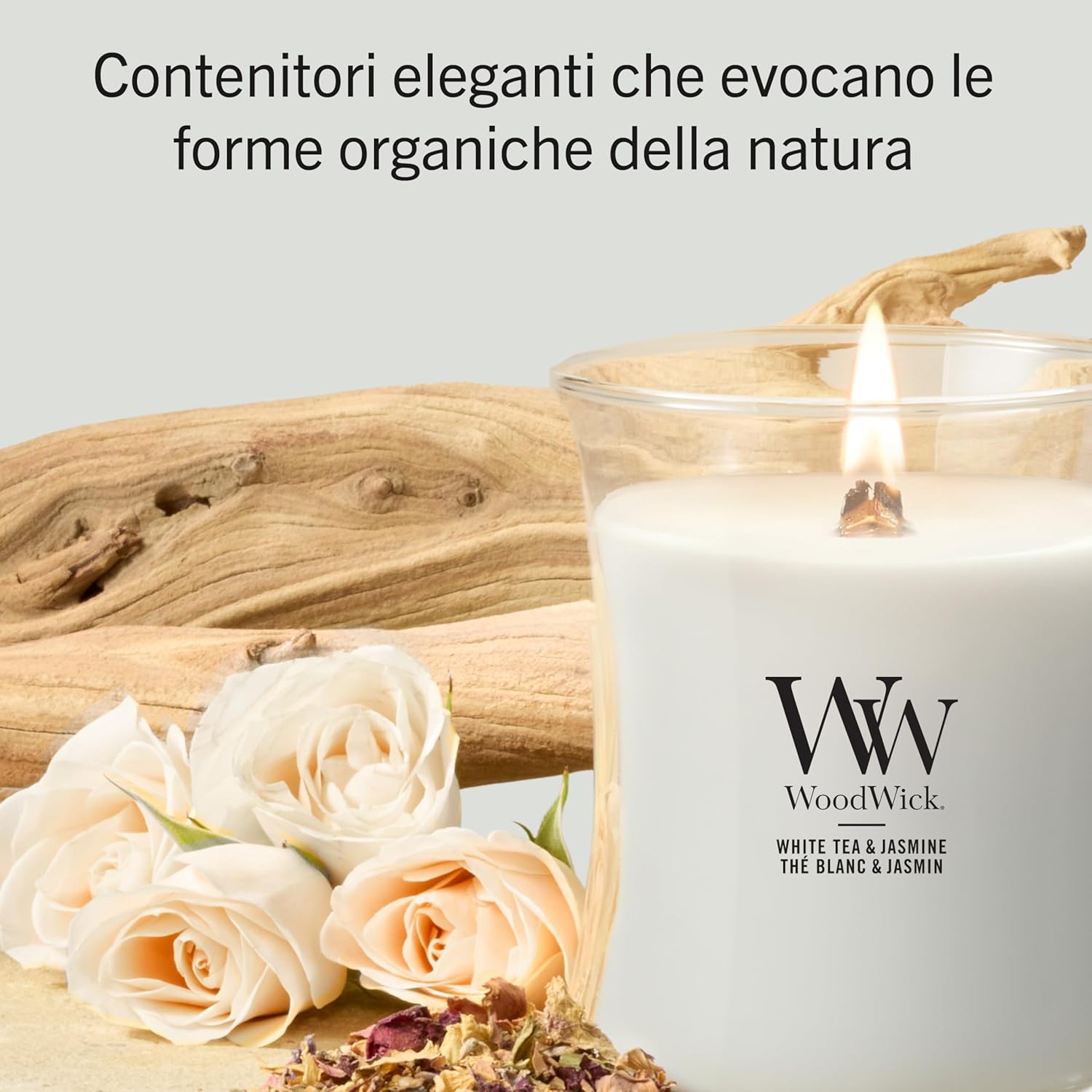 Detalle de WoodWick Candela profumata Hourglass media White Tea & Jasmine con stoppino crepitante