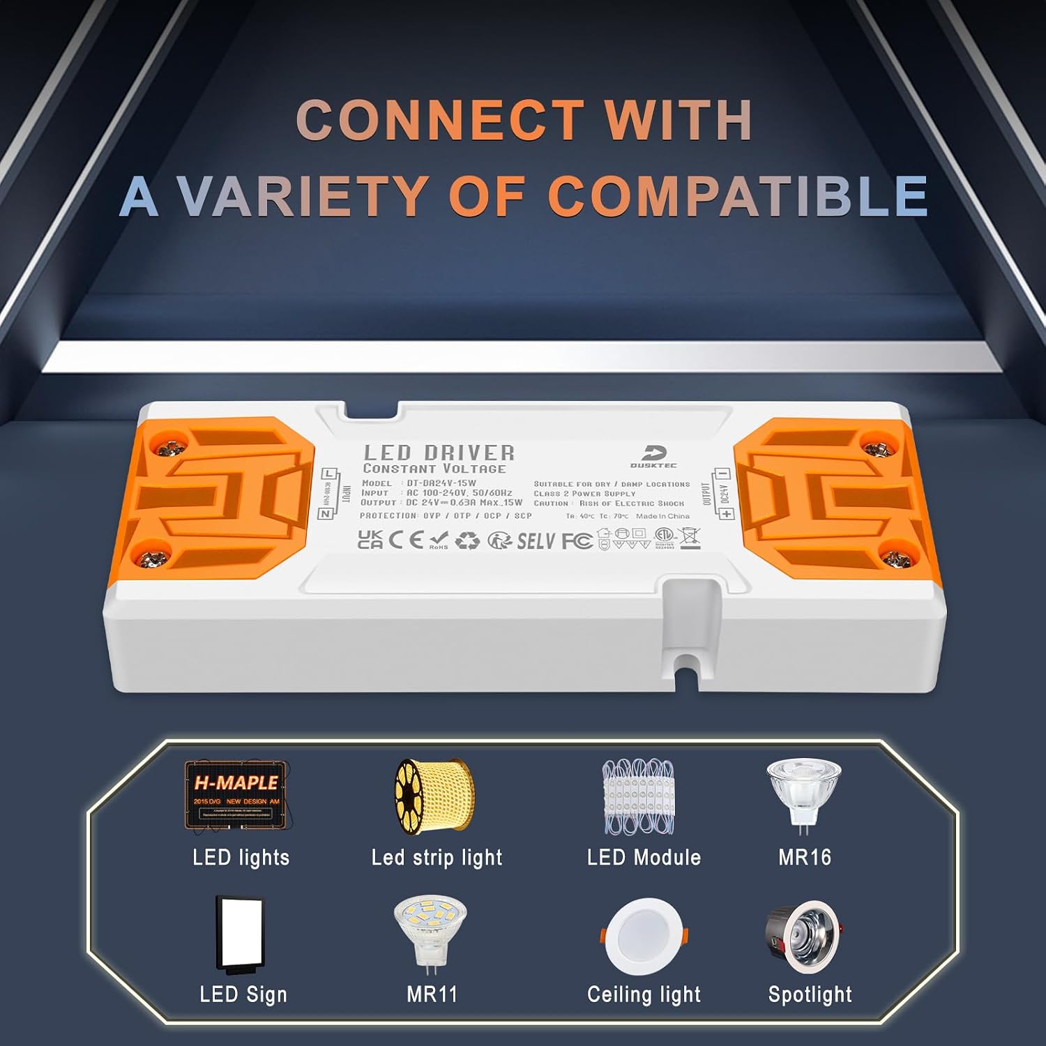 Detalle de DUSKTEC 24V LED Driver 15W (630mA) low-voltage transformer, AC 240V to DC 24V for LED strip lights & MR11/MR16 bulbs