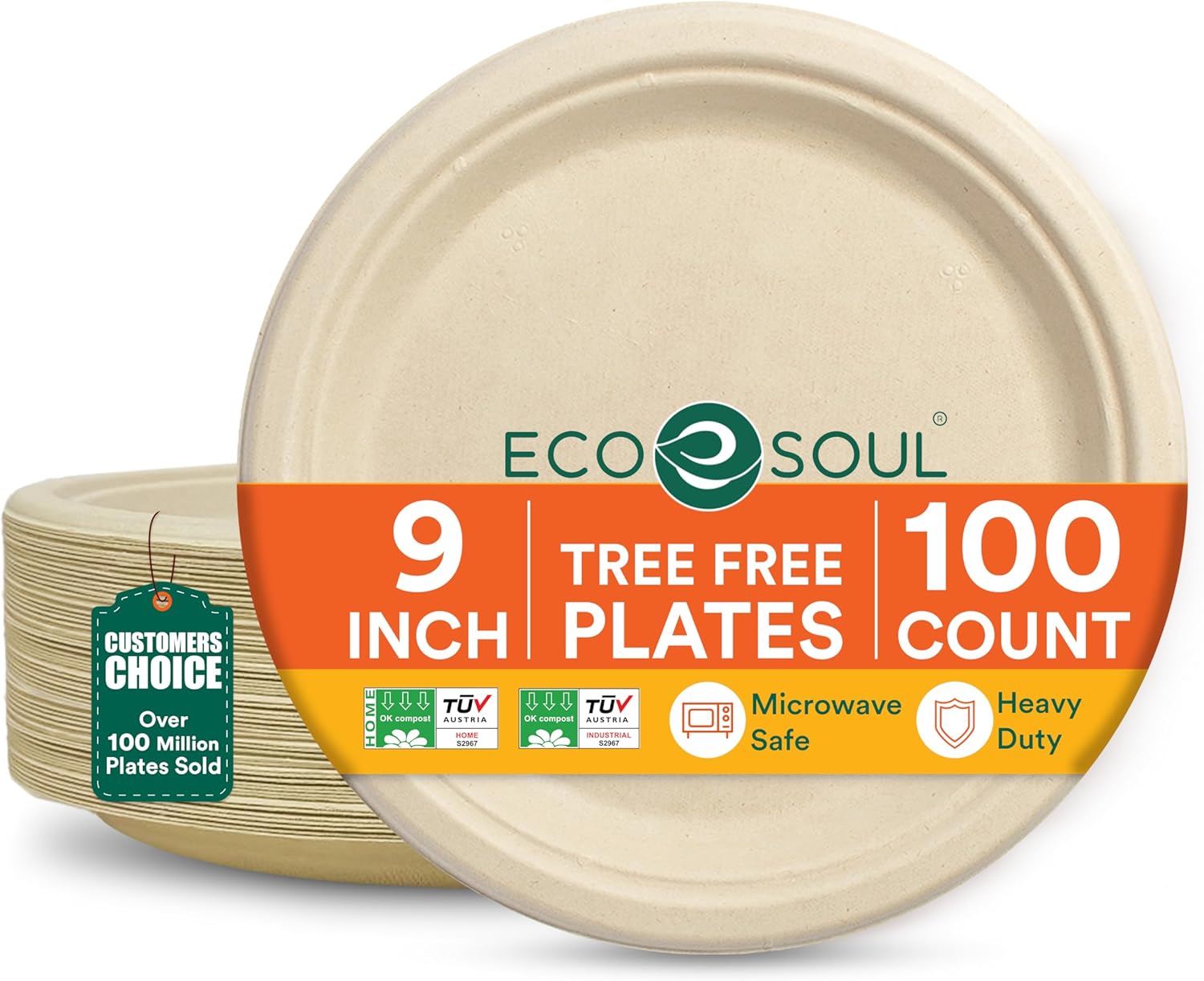 ECO SOUL ECO SOUL Paper Plates (23cm / 9") – 100-pack compostable heavy duty round plates