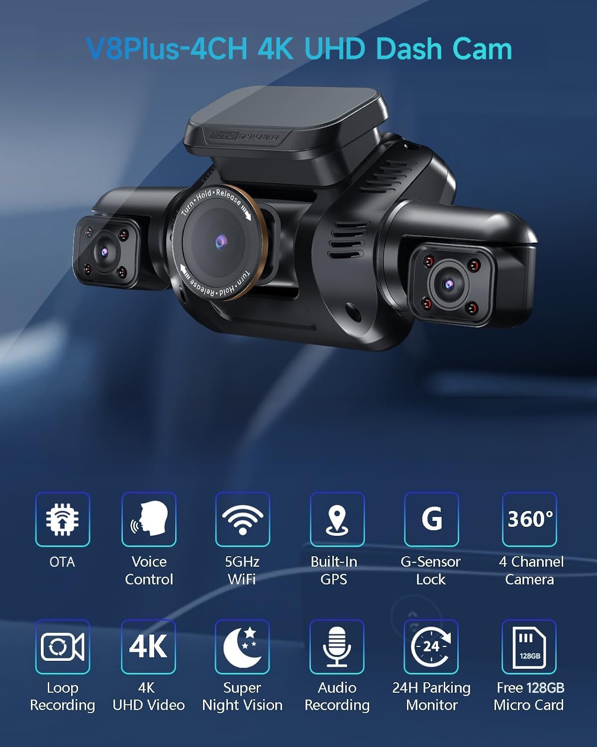Detalle de V8PLUS Dash Cam 4K 4-Channel Car Camera