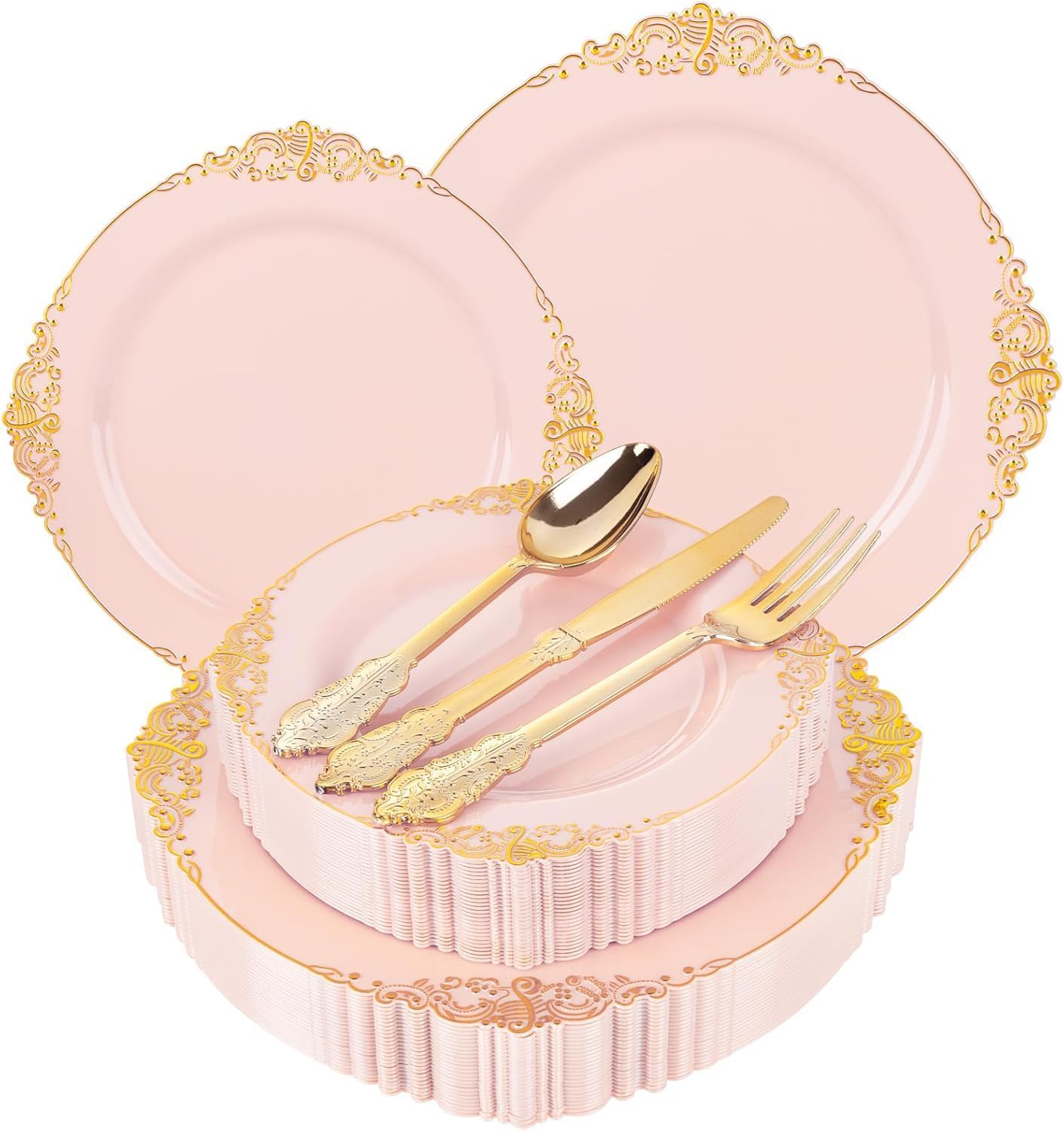 Detalle de Joyido 125PCS Pink and Gold Plastic Plates with Silverware Set for 25 Guests