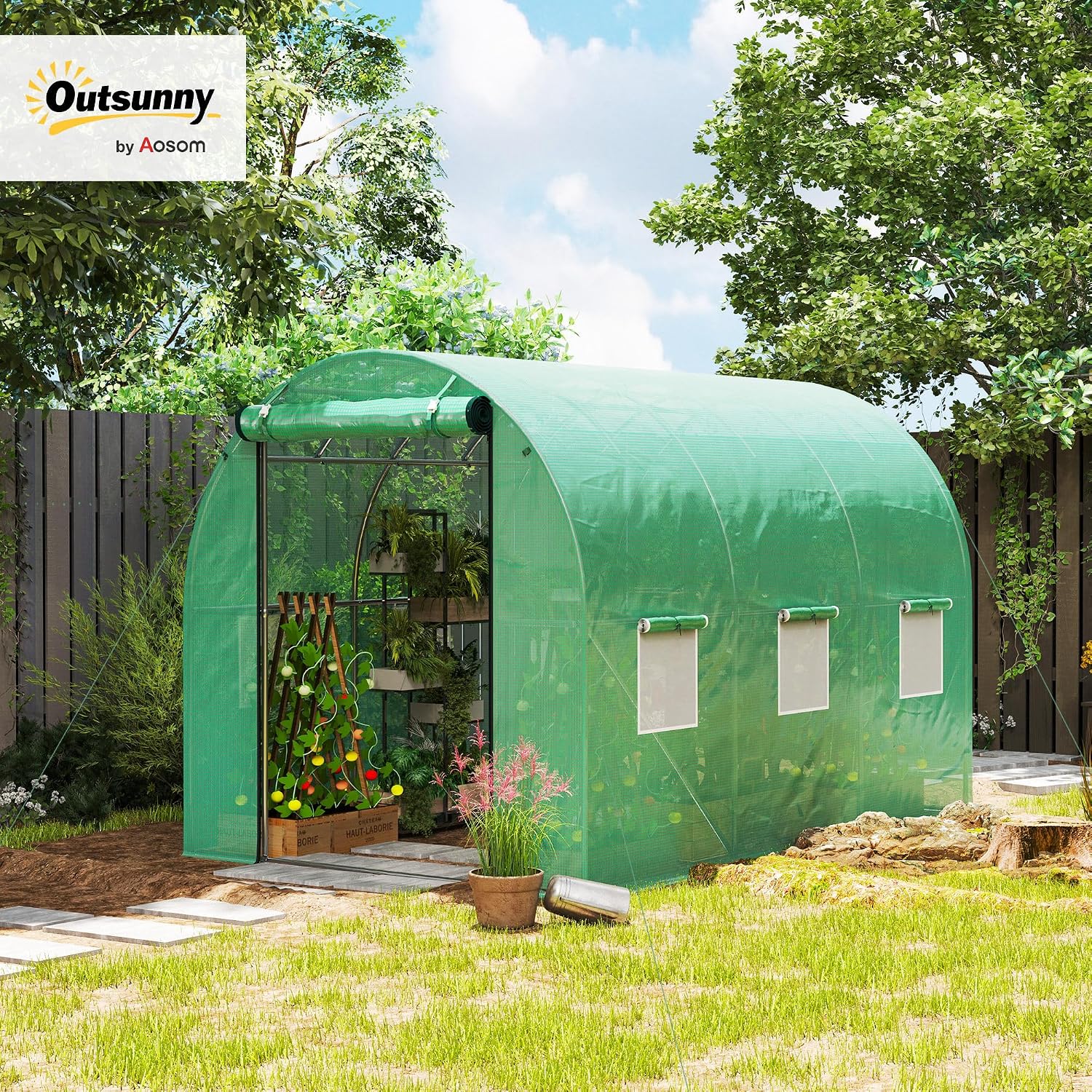 Detalle 2 de Outsunny 84H-238V00GN tuintunnelkas 6 m² met PE-afdekking en roldeur