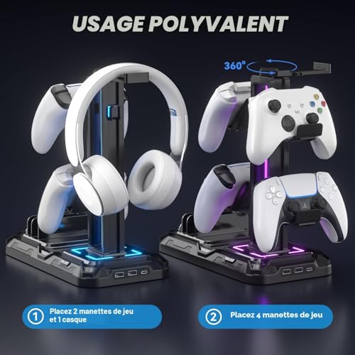 Thumbnail 6 de KDD Support Casque Bureau avec Support Téléphone et Manette Détachable – Repose-Casque Gaming avec 9 Modes d'Éclairage