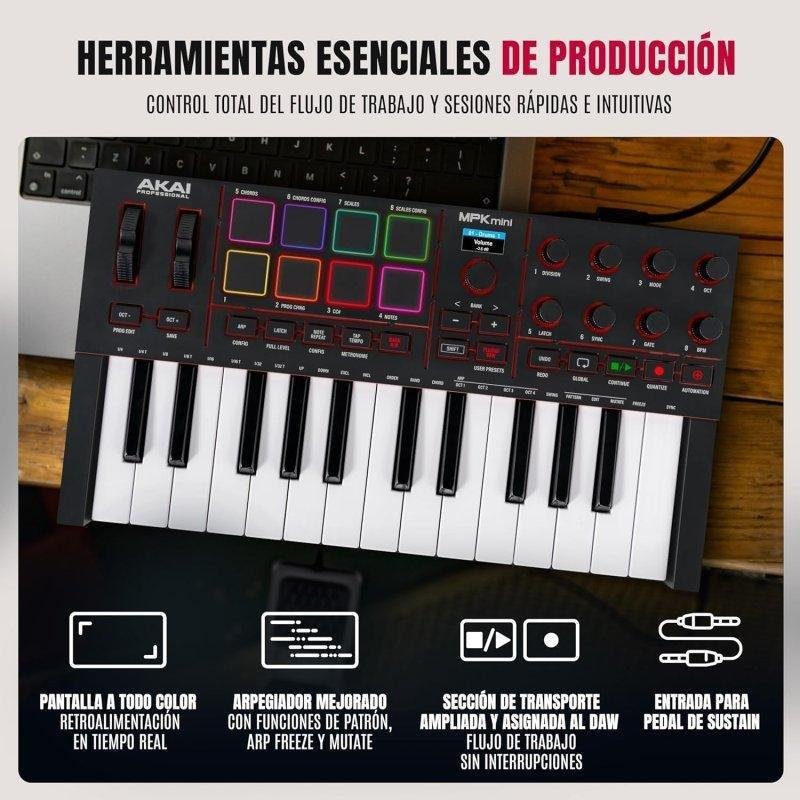 Detalle de Akai MPK Mini IV: controlador MIDI compacto con 25 teclas, pads RGB y 8 perillas asignables