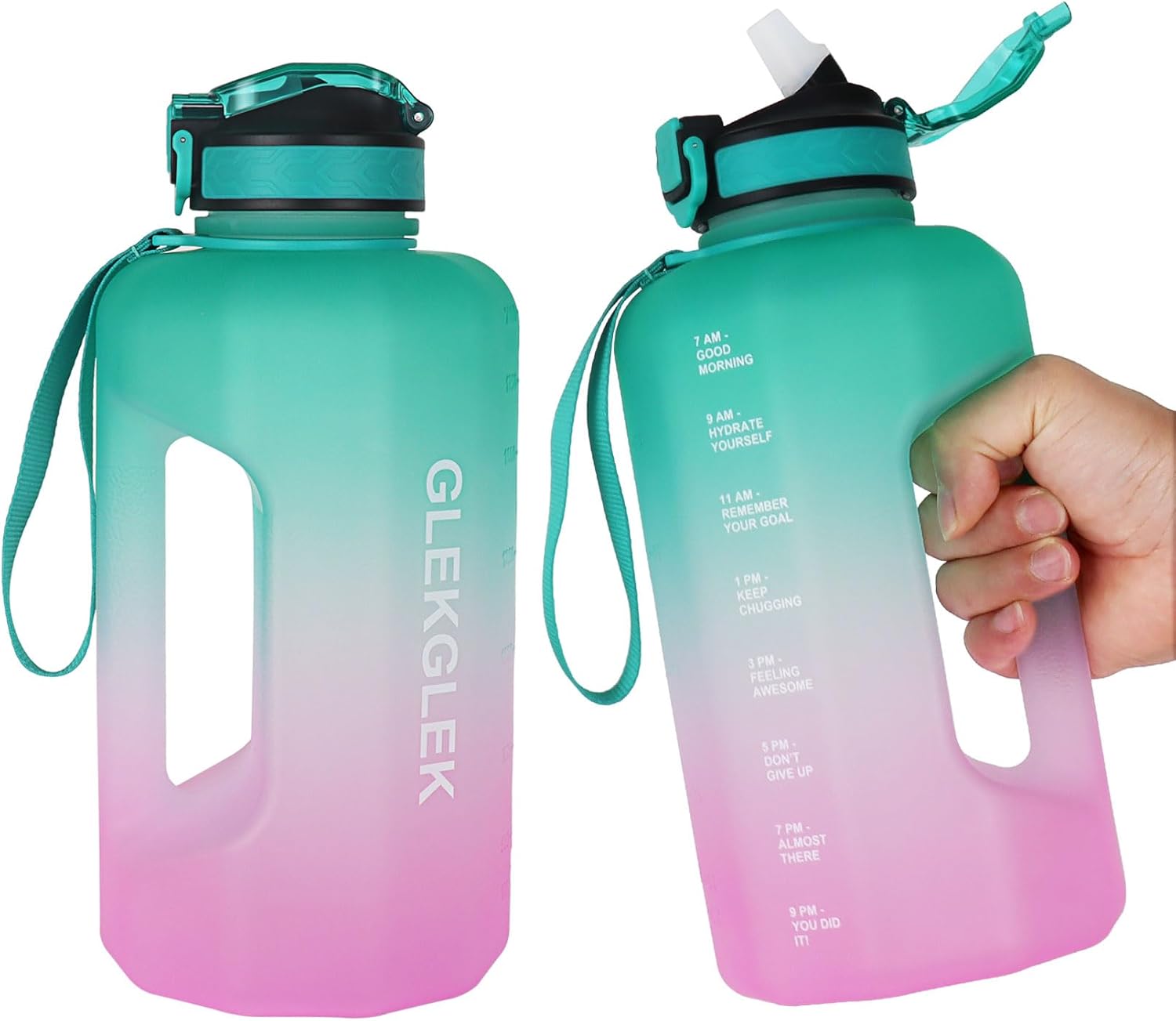 Thumbnail 1 de GLEKGLEK 2.2 Litre Water Bottle with Straw, Time Markings & Handle (BPA Free) – Leakproof Sport Jug, Green Pink