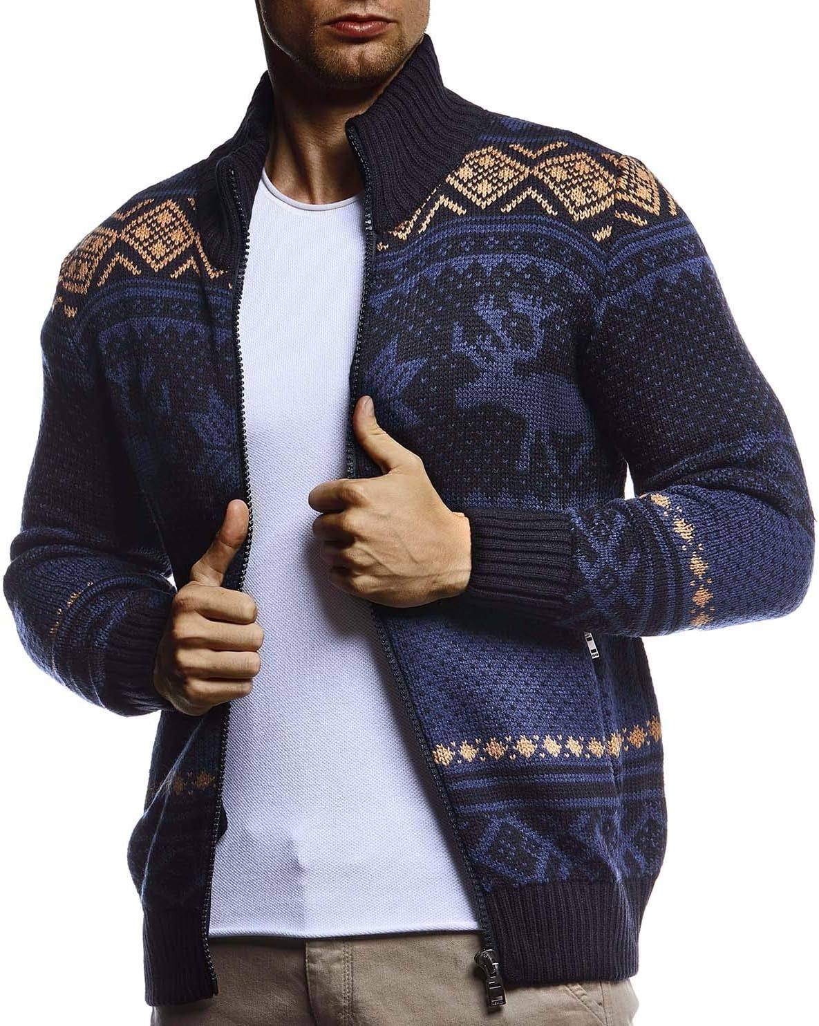 Detalle 2 de Leif Nelson LN20759 Veste en tricot avec col montant pour homme – Grosse maille, motif norvégien