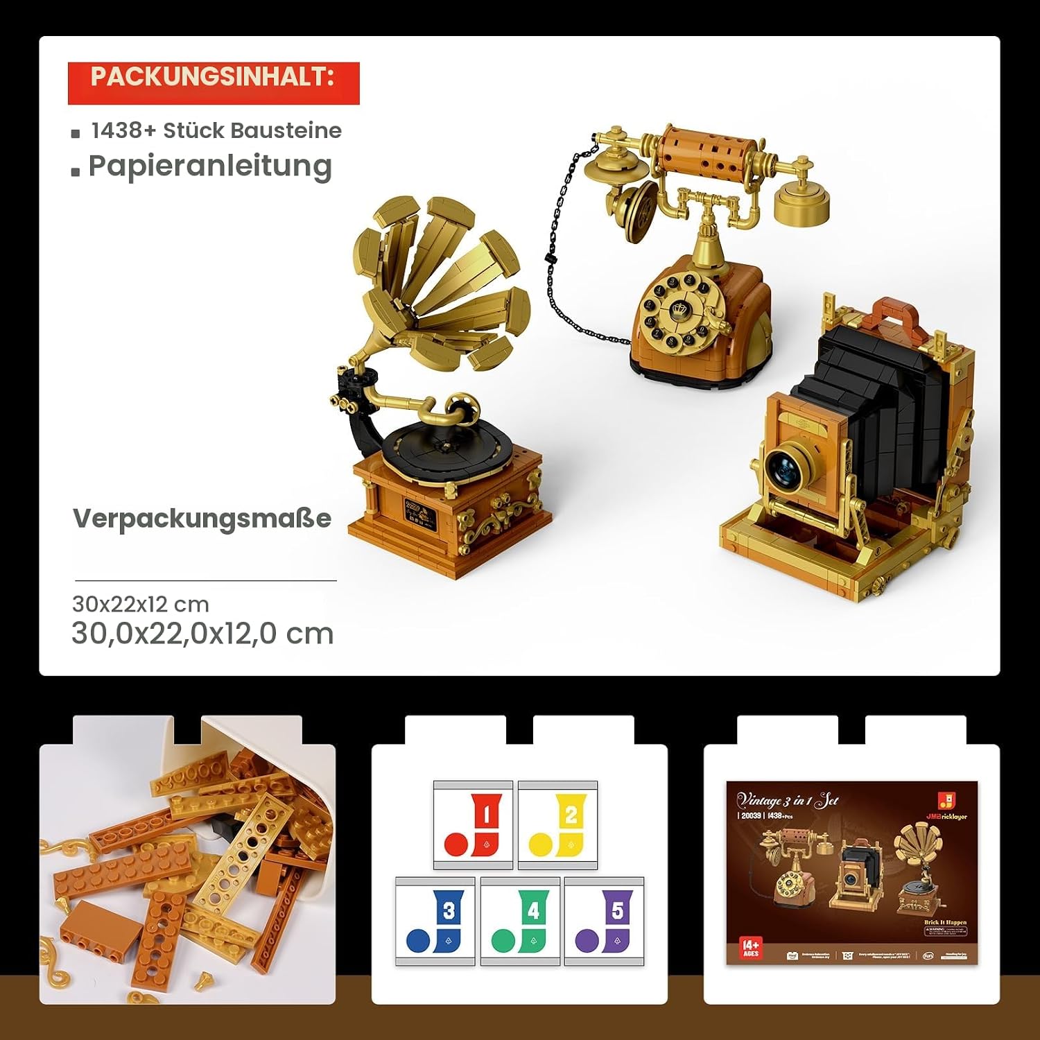 Thumbnail 6 de JMBricklayer 3 in 1 Retro-Bausteinset für Erwachsene – Vintage Plattenspieler, Kurbeltelefon und Kamera im 19. Jahrhundert