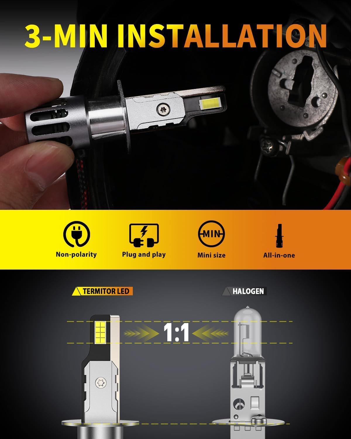 Thumbnail 2 de Termitor H1 Bulbs: 70,000LM Ultra Bright 12X, 6500K Cool White with 85,000+ Hours and CANbus-Ready 2-Pack