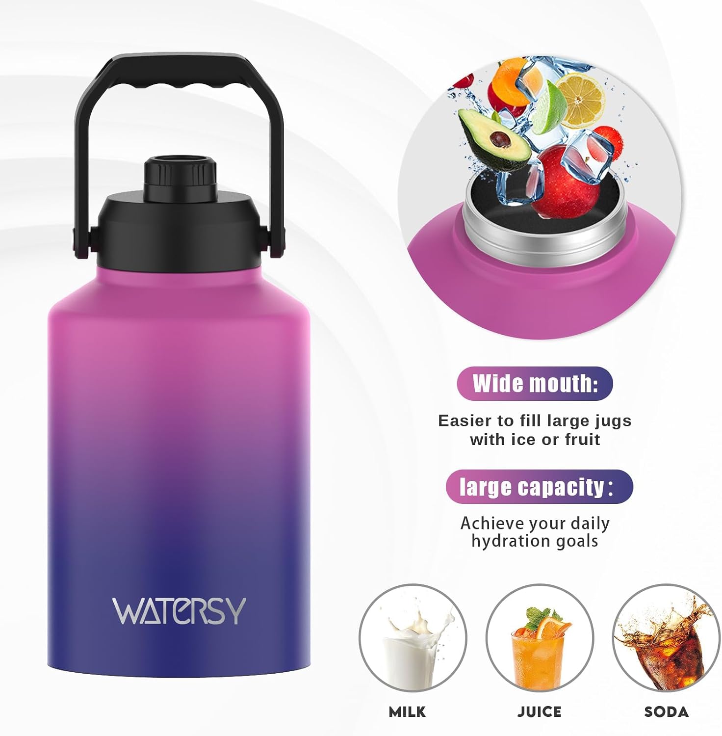 Thumbnail 6 de WATERSY WATERSY63 1-Gallon Insulated Water Bottle, 18/8 Stainless Steel, Purple
