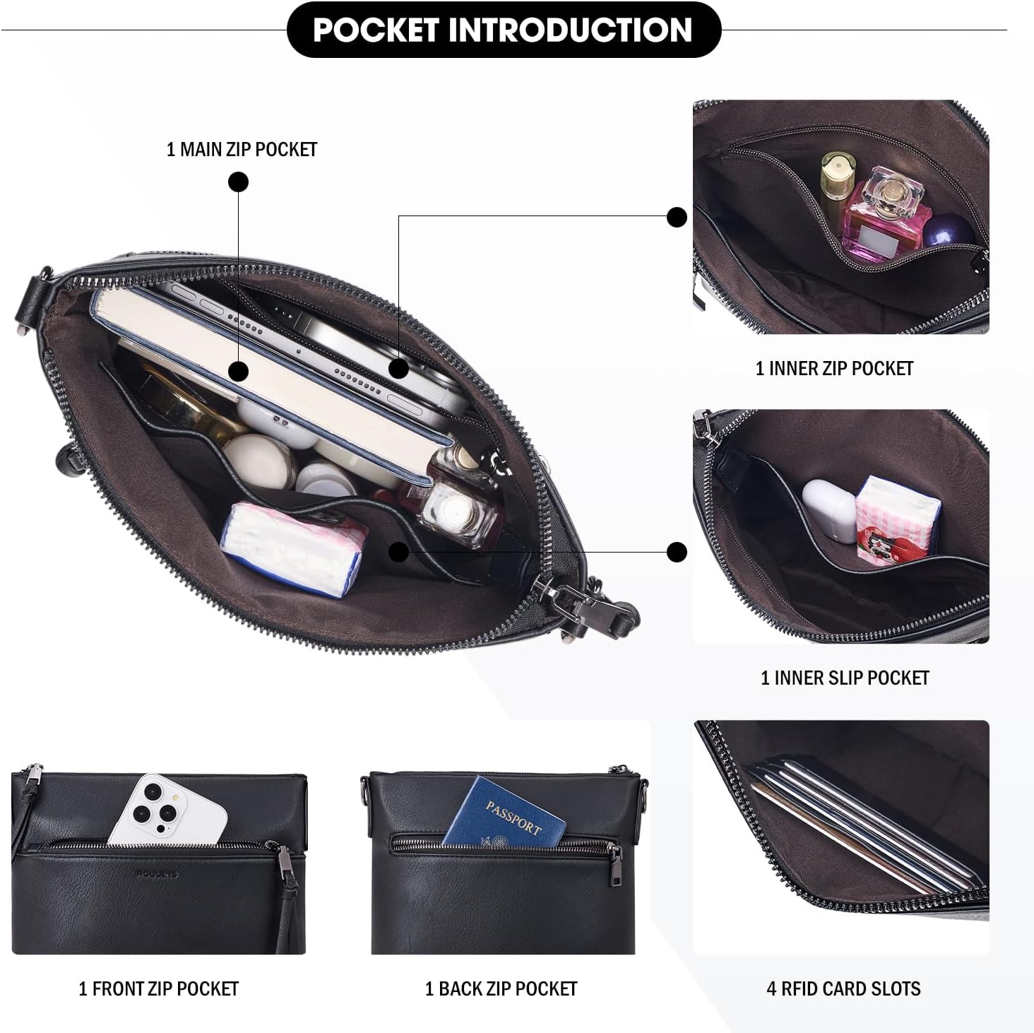Detalle de Roulens Mittel Damen Umhängetasche aus veganem Leder – RFID-Schutz, drei Fächer, Crossbody