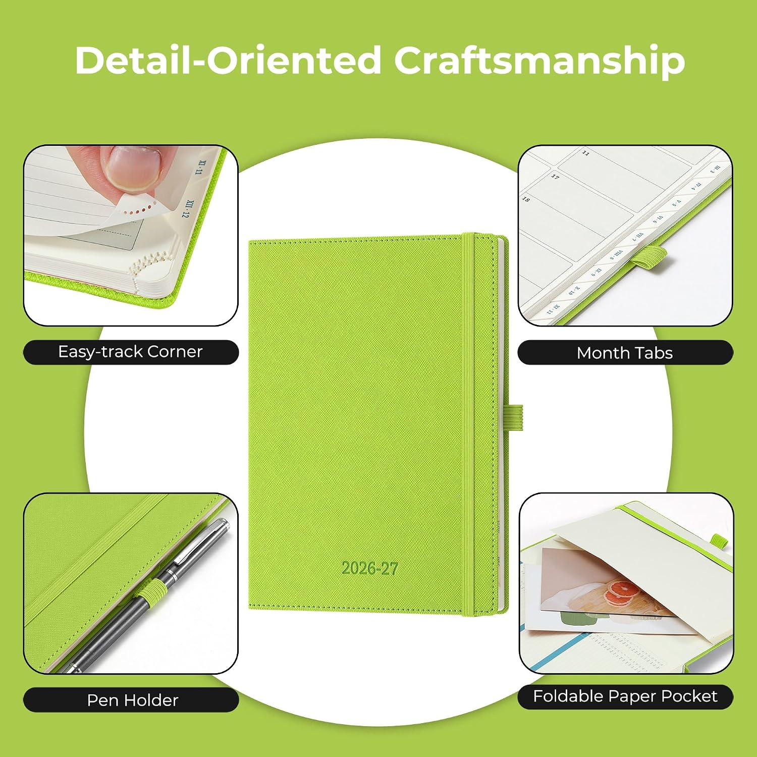 Detalle 2 de IN-LUXPRO Academic Diary 2026-2027: A5 Week to View, Wasabi Green PU Leather