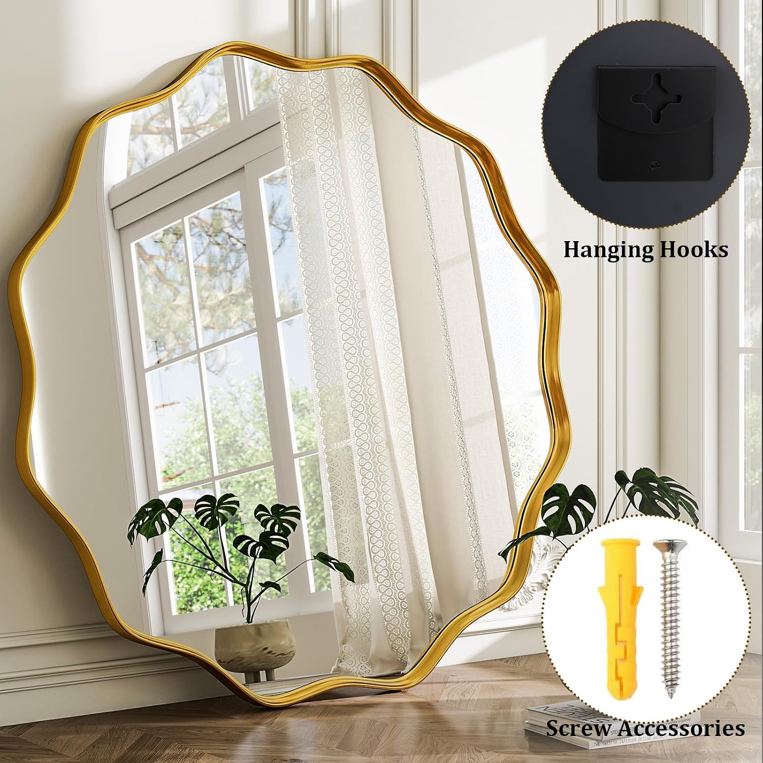 Detalle 2 de HARRITPURE 24" Gold Scalloped Round Wall Mirror with Aluminium Frame
