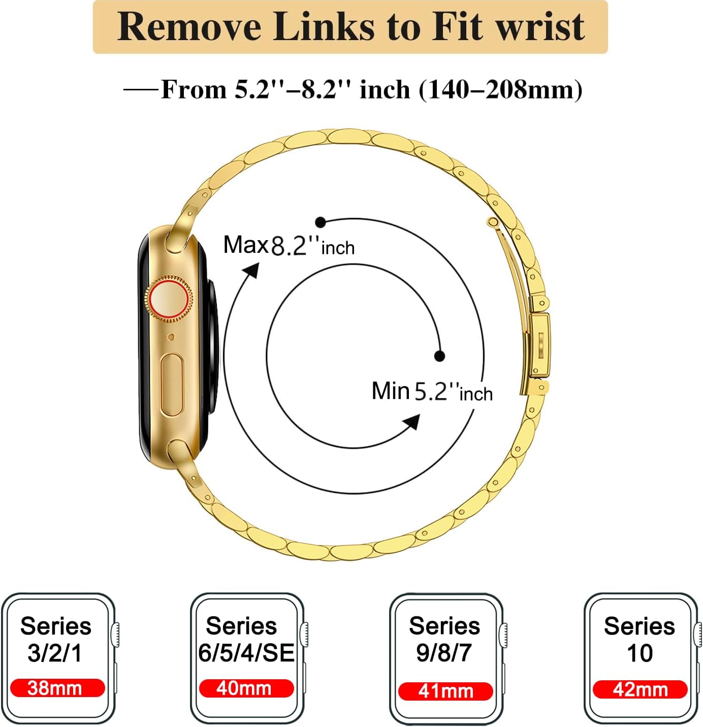 Detalle de MioHHR Slim Stainless Steel Chain Band for Apple Watch (Gold) – Compatible 38mm to 42mm