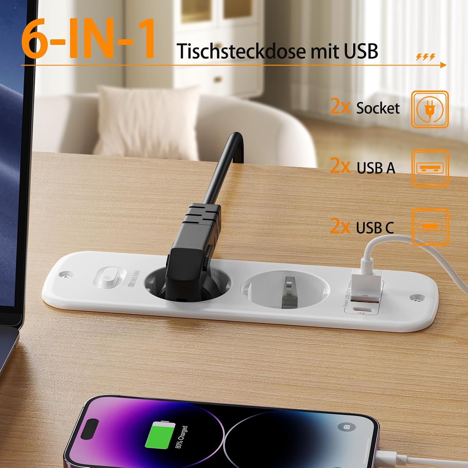 Detalle 2 de HITRENDS 2 Prises+2C-Blanc inschuifbaar stopcontact met 4 USB-poorten