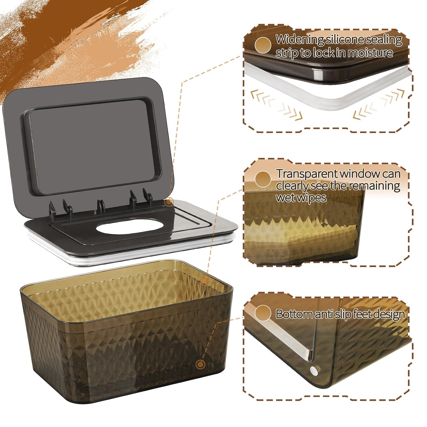 Detalle de Whiidoom Wipes Dispenser, Brown One-Handed Holder with Sealed Lid
