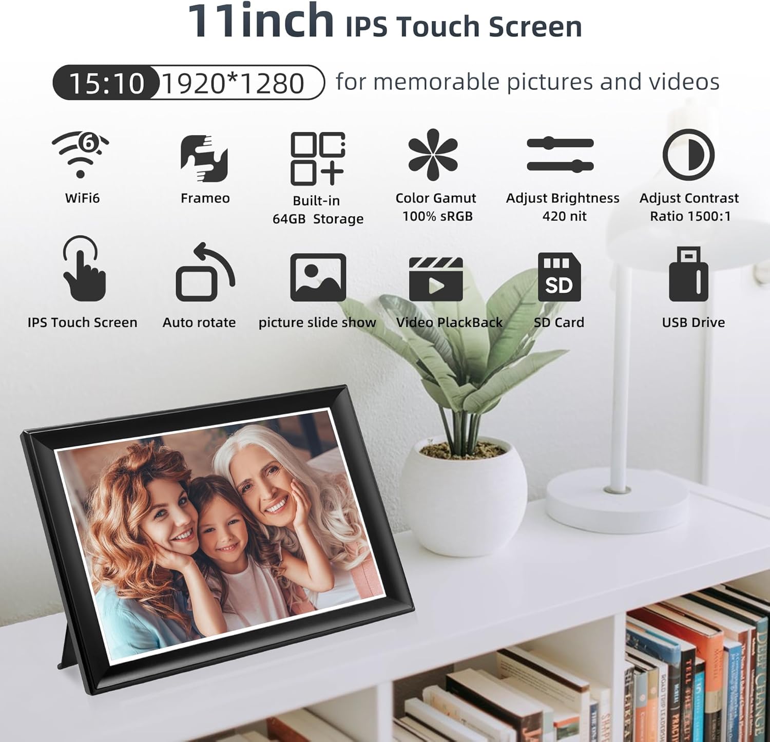 Thumbnail 3 de 11inch 64GB WiFi & 5G Digital Picture Frame with Touch Screen (Frameo app, FHD IPS, Weather & Clock)