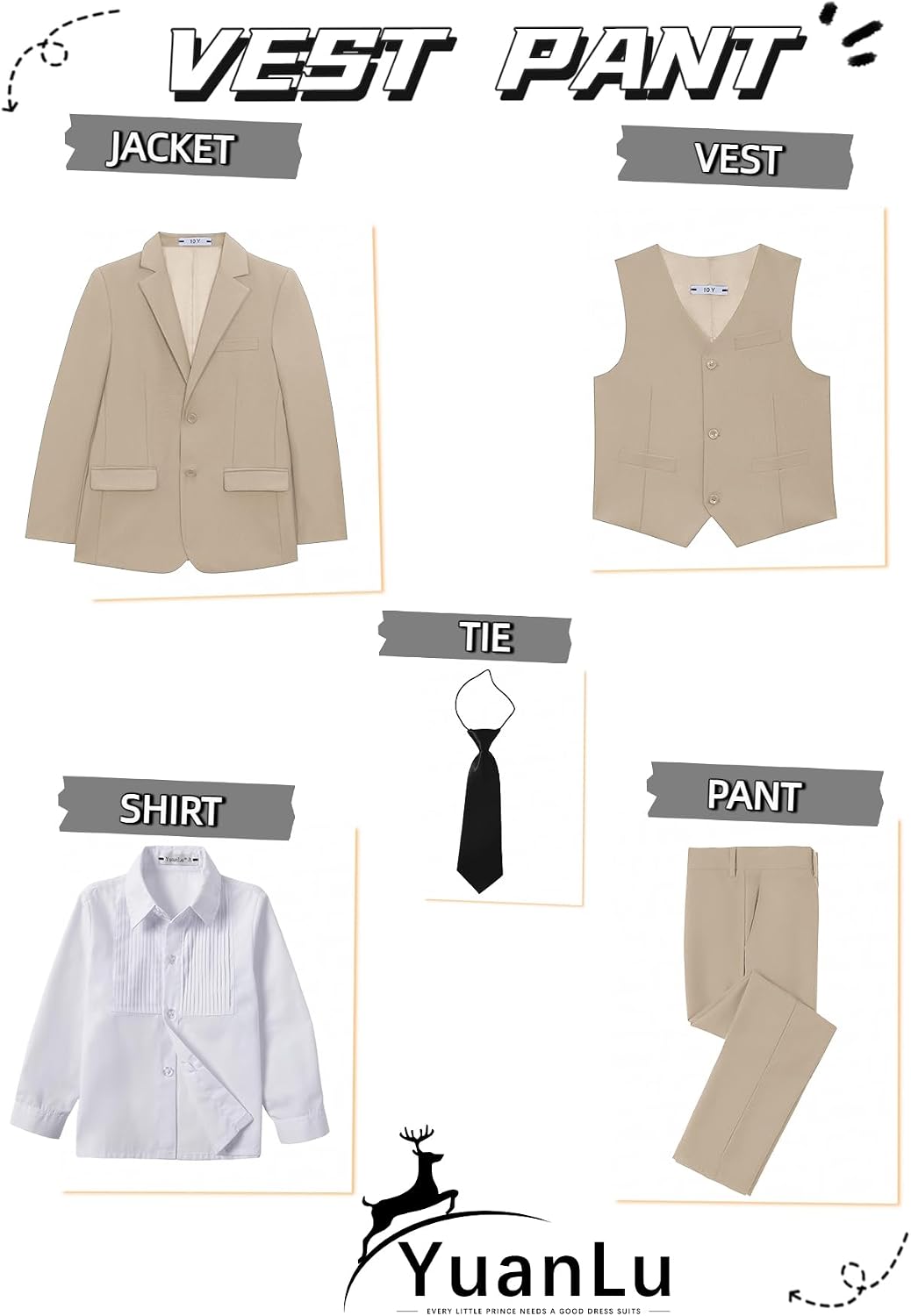 Thumbnail 1 de YuanLu Boys Slim Fit Champagne Suit Set with Adjustable-Waist Pants