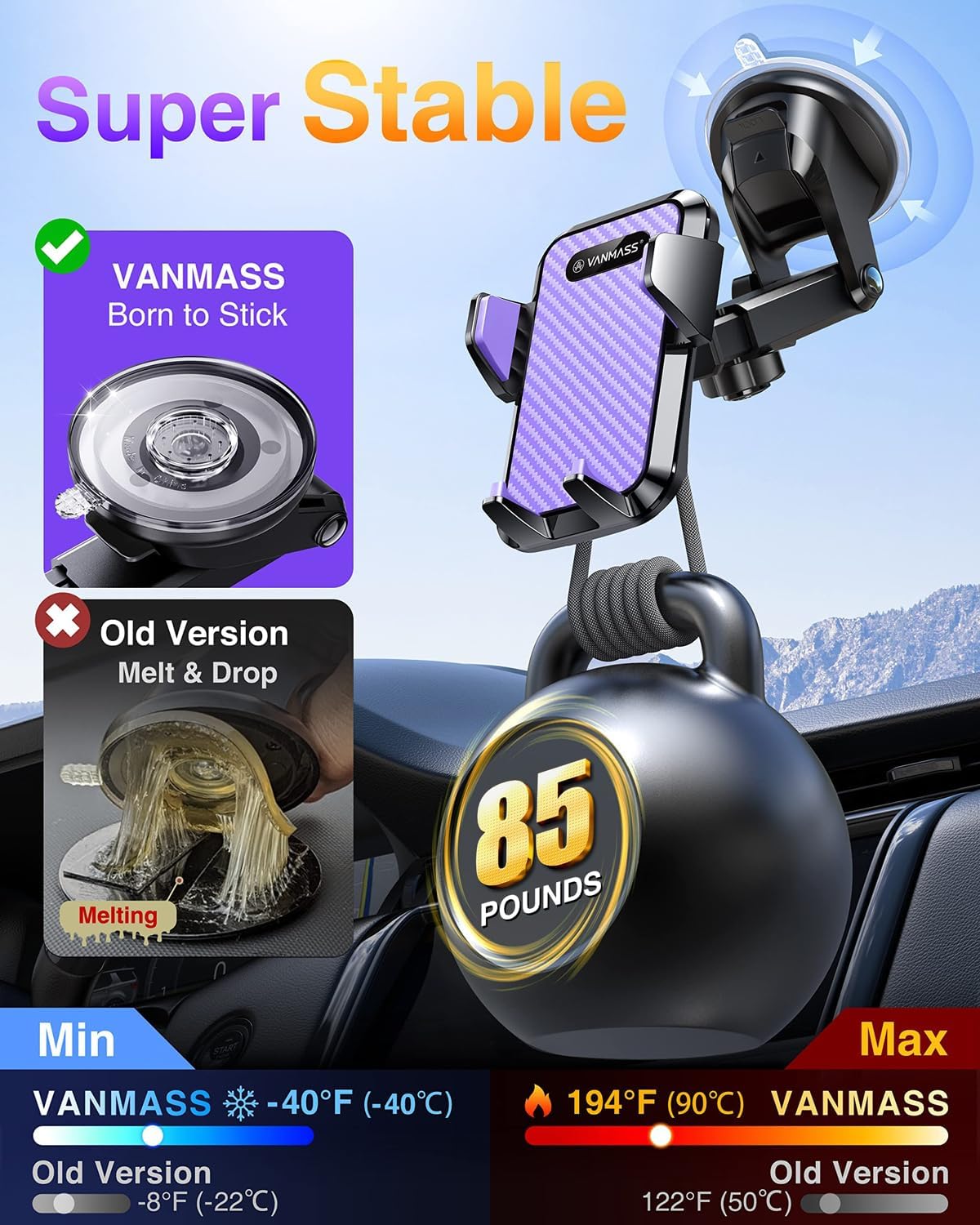 Detalle de VANMASS Handyhalterung Auto Lüftung violett 4-in-1 mit Saugnapf und flexibler Halterung