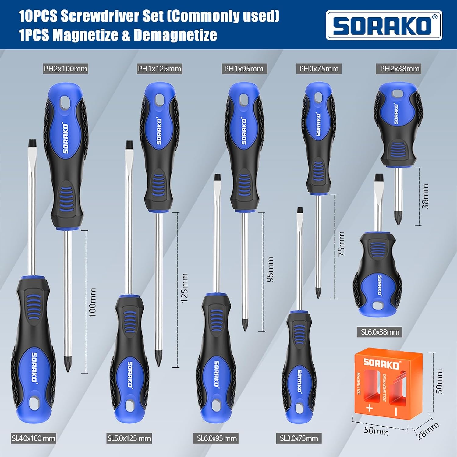 Detalle 1 de SORAKO 11-Piece Magnetic Screwdriver Set (5 Phillips, 5 Slotted) with 2-in-1 Magnetizer