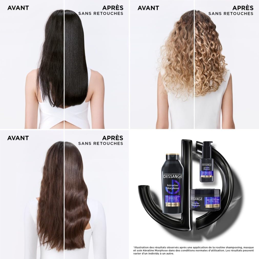 Detalle de DESSANGE Routine Cheveux Réparatrice & Morphose – Shampoing 280 ml + Masque 280 ml + Soin Sans Rinçage 50 ml