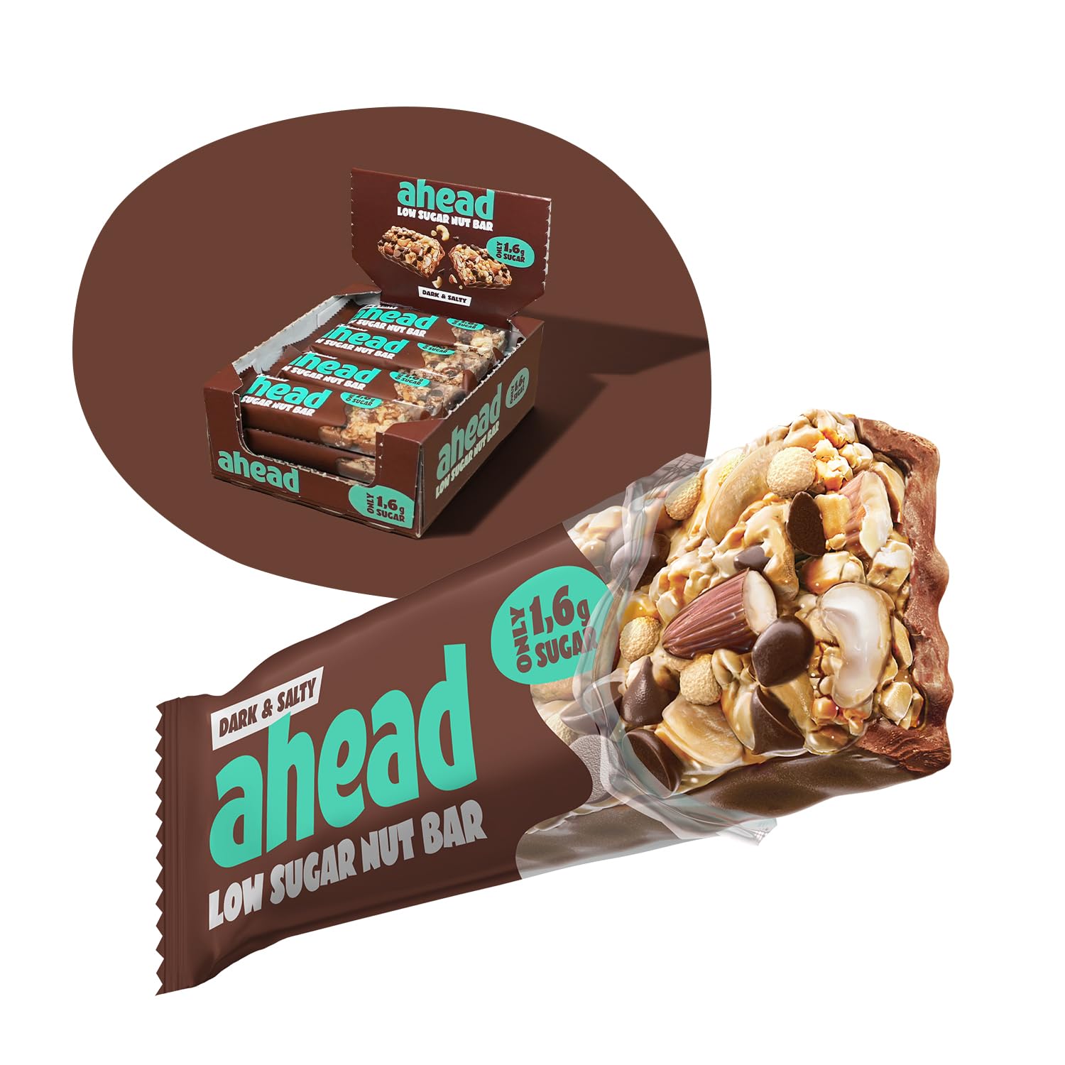 Detalle de AHEAD Nut Bar – Nussriegel zuckerfrei mit Zartbitterschokolade, Cashewkernen & Meersalz-Flocken (12x35g)