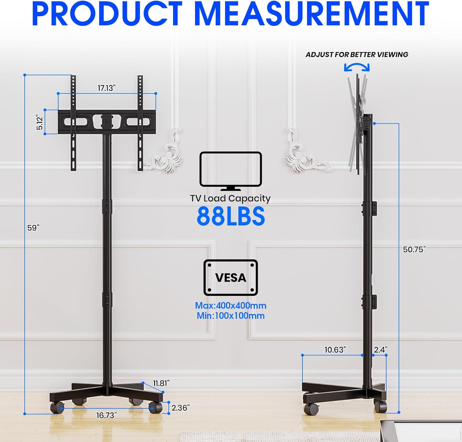 Thumbnail 1 de Zontera Mobile TV Stand for 23–60 Inch TVs with Tilt, Height Adjustment, and Locking Wheels