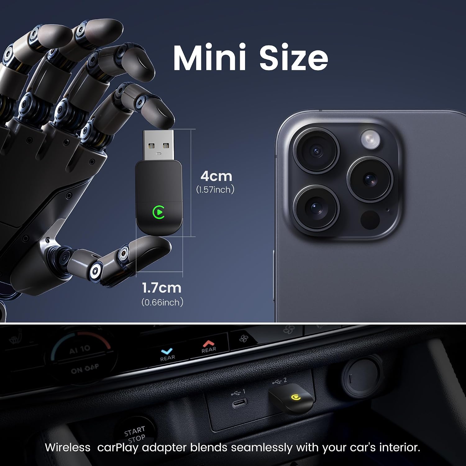 Detalle de Lincisoonic C1 Wireless CarPlay Adapter, Mini Design, USB-A/USB-C