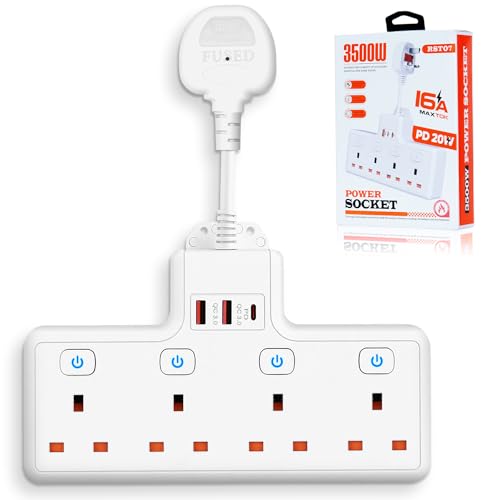 Detalle de BOSYTRO 7-in-1 Multi-Socket Power Strip with USB-C PD and USB-A Ports (4 UK Outlets)